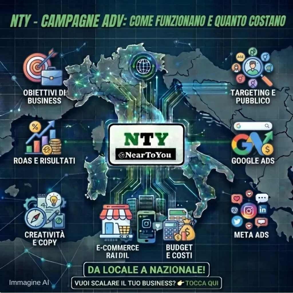 Infografica NTY sulle campagne ADV: obiettivi, targeting, Google Ads, Meta Ads, budget e ROAS